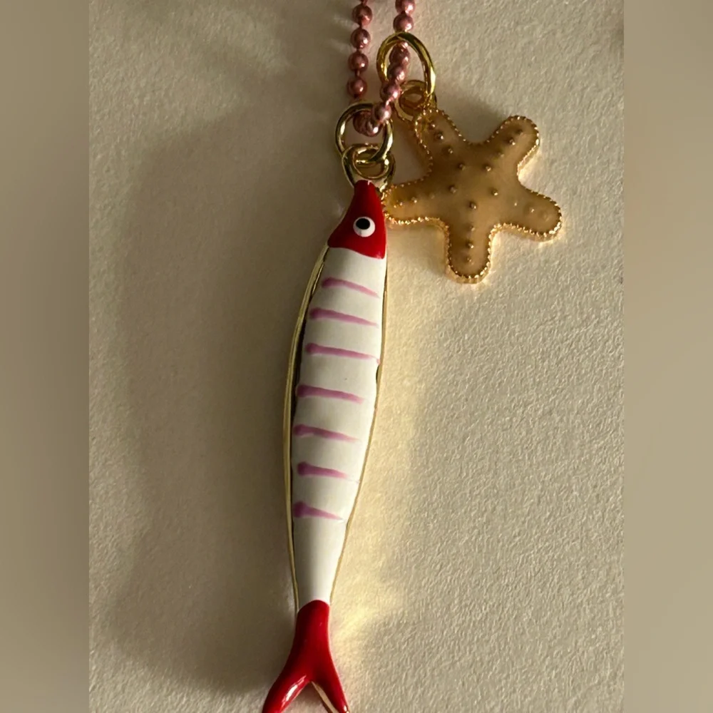 NWOT Necklace enamel pink & white striped Minnow, Starfish  charms, pink chain